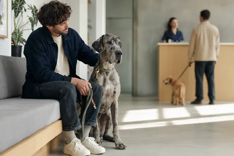 Eine Italienische Dogge sitzt ruhig neben ihrem Besitzer im hellen Wartezimmer einer modernen Tierarztpraxis.